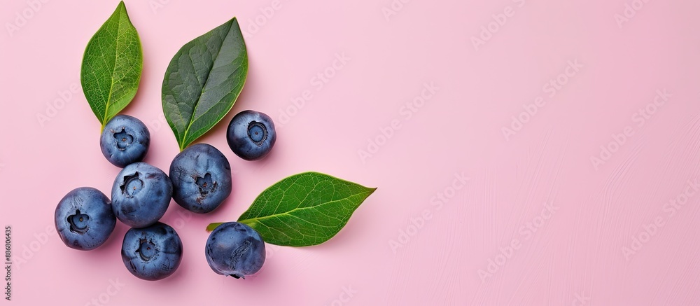 Poster Fresh ripe blueberry with vibrant green leaf isolated on a pink background, providing ample copy space for your text, in a top-down view, creating a visually appealing flat lay pattern.