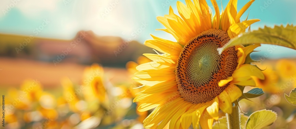 Poster Close-up of a blooming sunflower in a field, creating a natural summertime agricultural background with selective focus and copy space image.