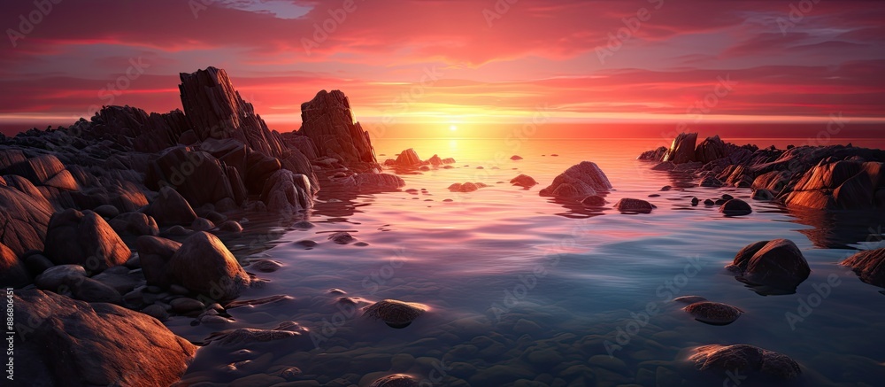 Fototapete Capture rocks in the sea at sunset with a suitable spot for adding text or a logo in the image.