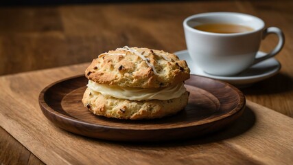petite vanilla bean scone served aesthetically in a wooden plate and table