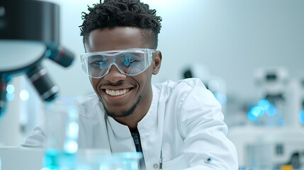 African scientist smiling while conducting research in a high-tech lab representing scientific exploration and achievement Portrait, Realistic Photo, High resolution, Half-body picture, Minimalism,