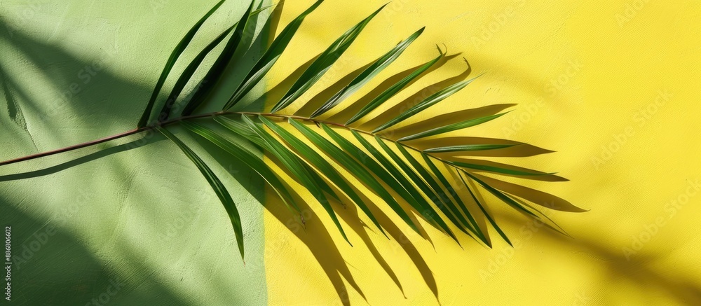 Aufkleber summer-themed palm leaf on a yellow and green background, creating a shadow, suitable for a copy spa