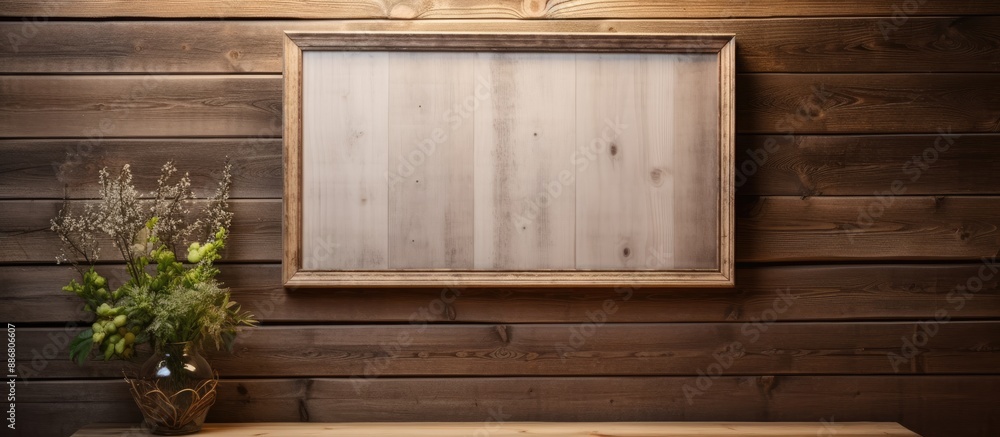 Poster old rustic wooden wall with a wooden photo frame hung on it, creating a charming setting with copy s