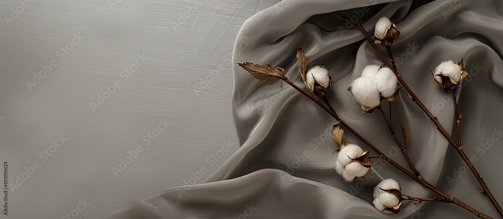 Poster grey fabric backdrop featuring a cotton flower with copy space image.