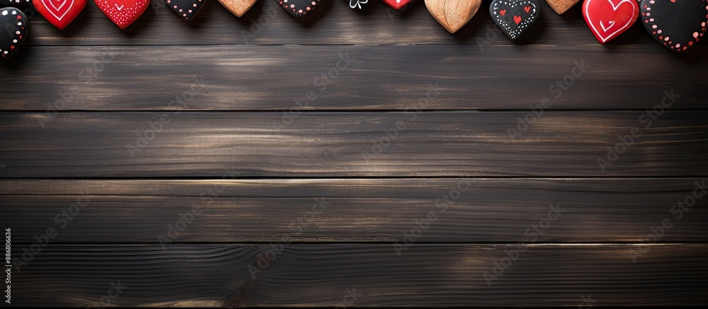 Poster vintage wooden background with decorative hearts and an empty blackboard, featuring selective focus 