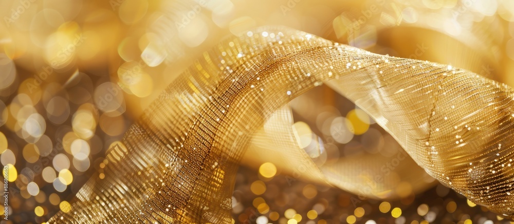Poster gold sparkly mesh ribbon on metallic fabric background with a macro focus and blurry background, per