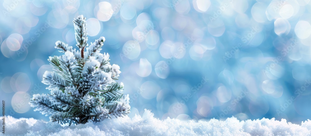 Poster a small pine tree covered in fresh snow against a blurred blue background, ideal for a merry christm