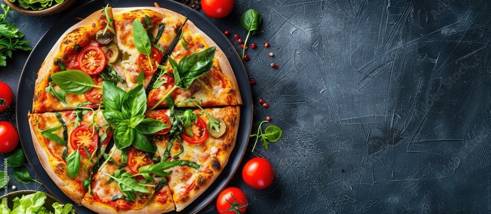 Poster Top-down view of a plate with sliced pizza and salad leaves on a table, serving as a menu concept background with copy space for text.