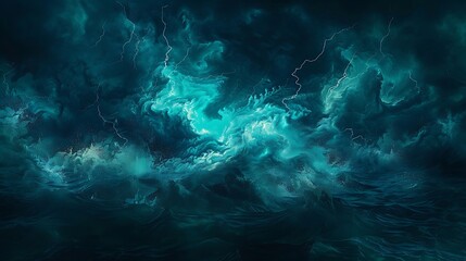 Fototapeta premium Dark ocean storm in a surreal style with turquoise lightning, wavy waves under a pitch-dark night sky