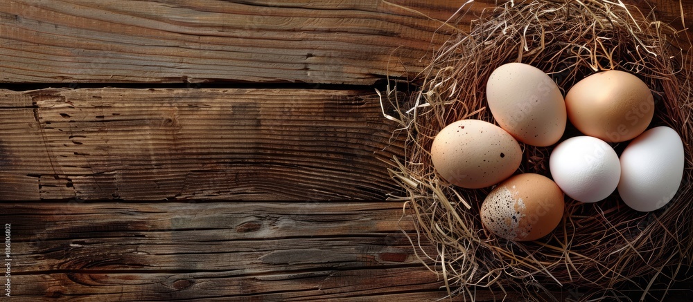 Poster Fresh eggs displayed on a nest over a rustic wooden surface in a top-down view with visible empty space for text or additional elements within the composition.