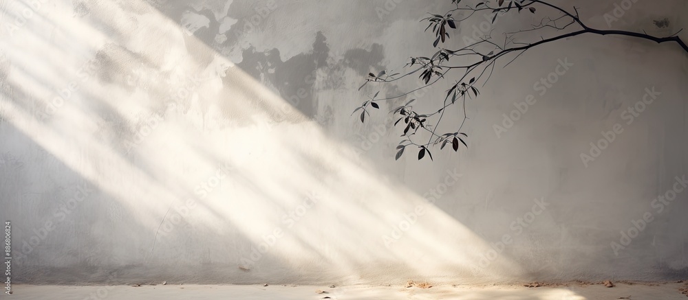 Poster blurry shadow of a leafy tree cast upon a gray wall with available copy space image.
