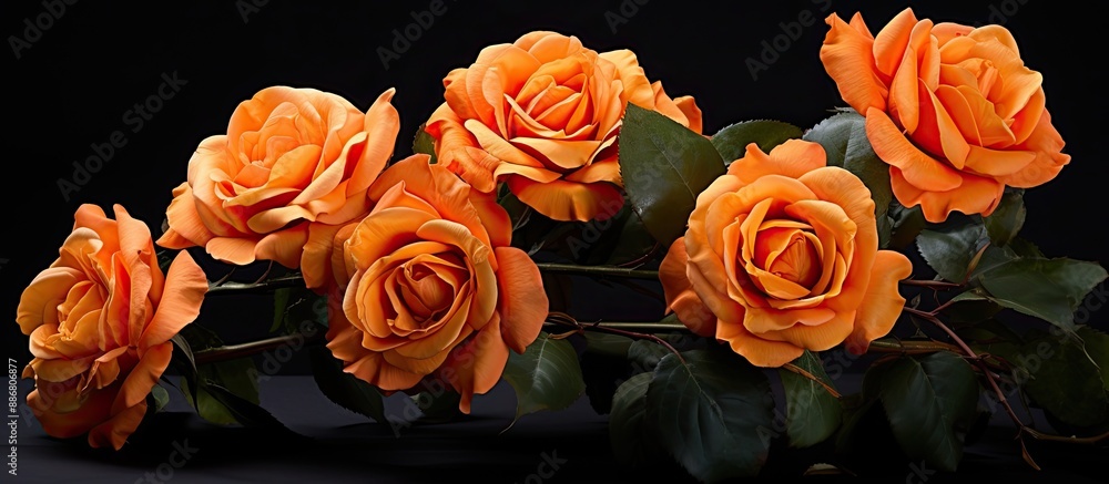 Poster orange roses with a beautiful and fresh appearance, set against a black backdrop, with a designated 