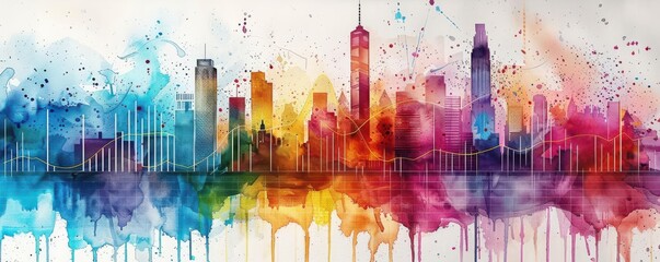 Abstract watercolor cityscape with vibrant colors.