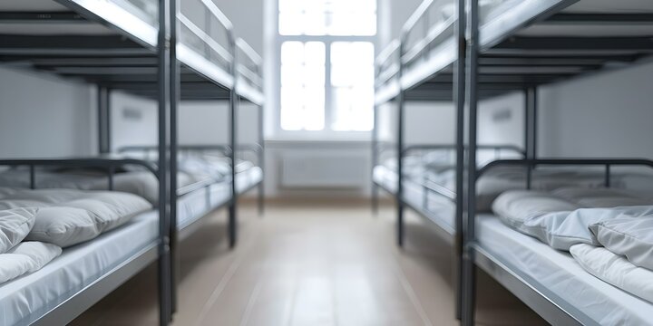 Empty hostel room with metal bunk beds and clean linens. Concept Hostel Room, Metal Bunk Beds, Clean Linens, Minimalist Decor, Spacious Layout