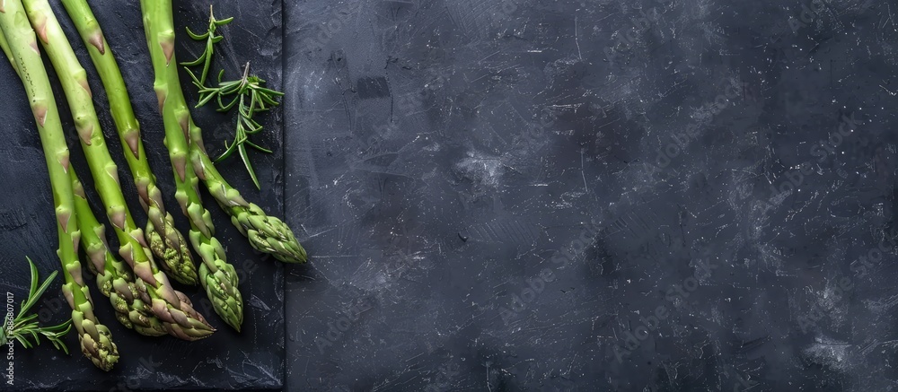 Poster Fresh asparagus displayed on a black slate with ample copy space image.