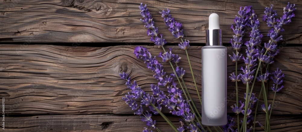 Poster a bottle for cosmetics placed on a wooden background with lavender flowers, featuring an empty copy 