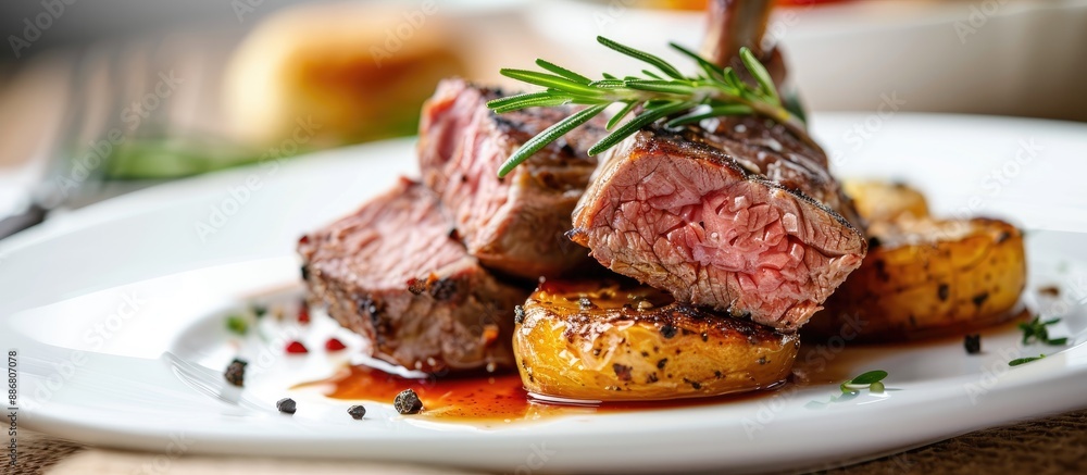 Poster close-up of lamb loin on a white plate with copy space image available.