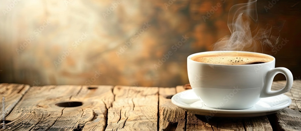Aufkleber steaming cup of coffee resting on a wooden table with copy space image.