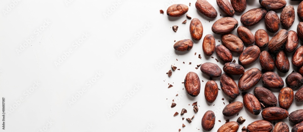 Aufkleber Top view of raw cacao beans isolated on white background with clipping path for copy space image.