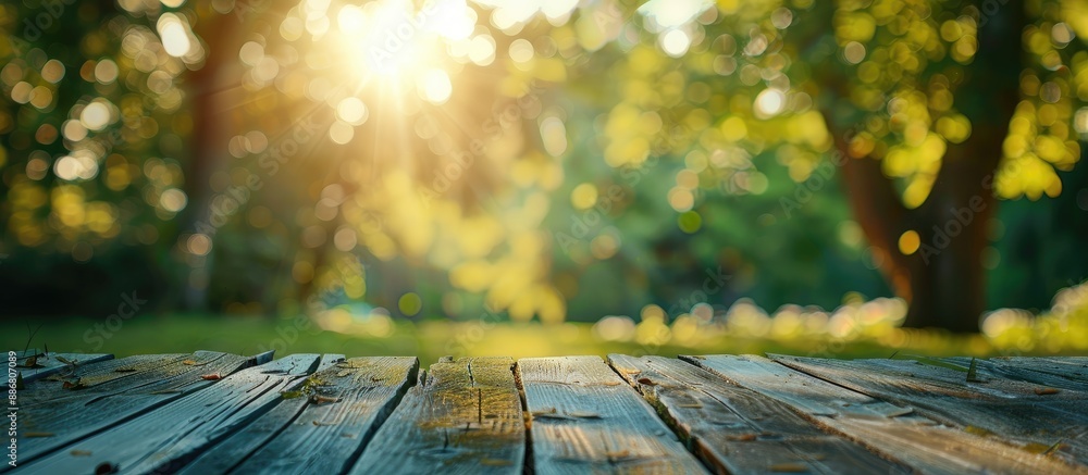 Aufkleber Blurry nature background with a table top setting, creating a copy space image.