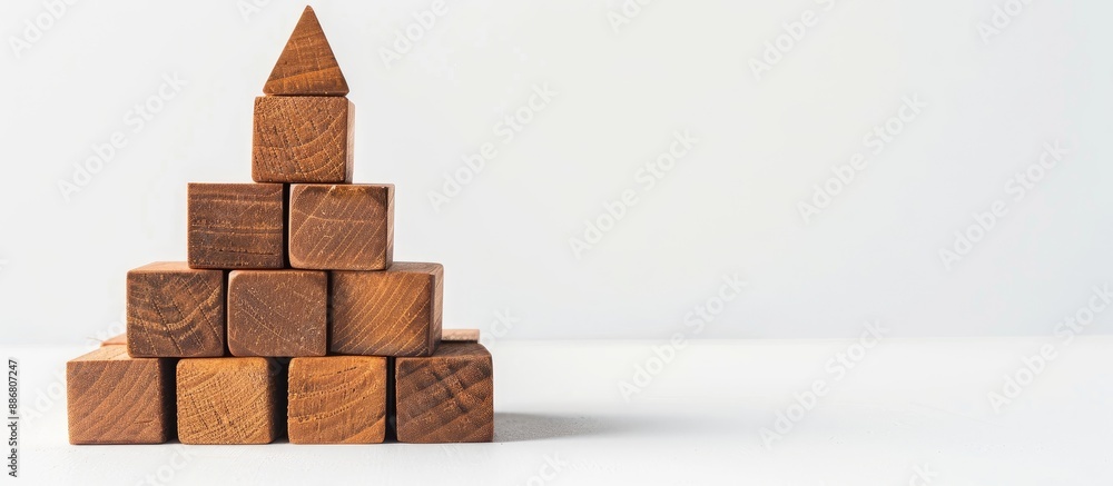 Poster wooden cubes arranged in a pyramid shape for symbol creation, business growth, and management concep