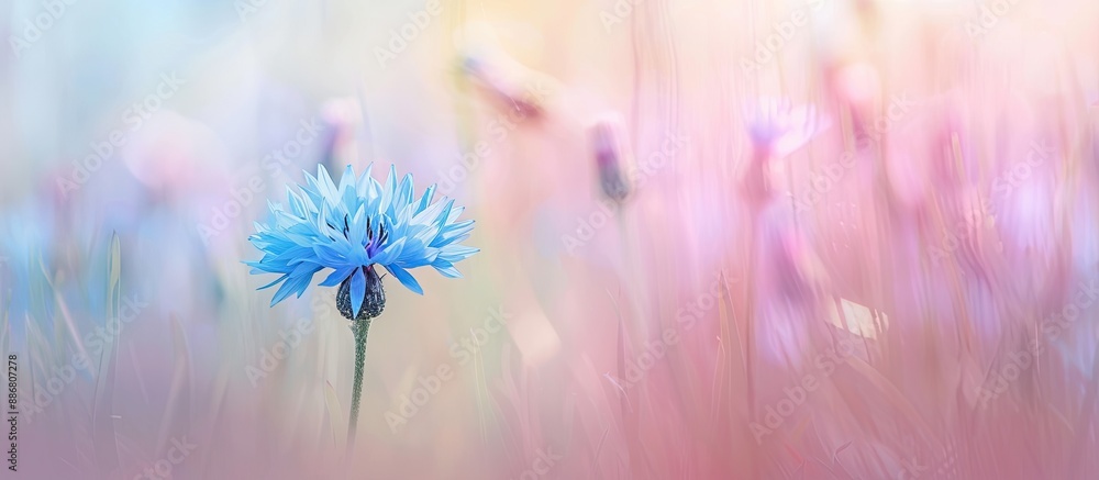 Poster A single cornflower (Centaurea Cyanus) blooming in a meadow with pastel hues, set in a horizontal layout against a large backdrop for copy space image.