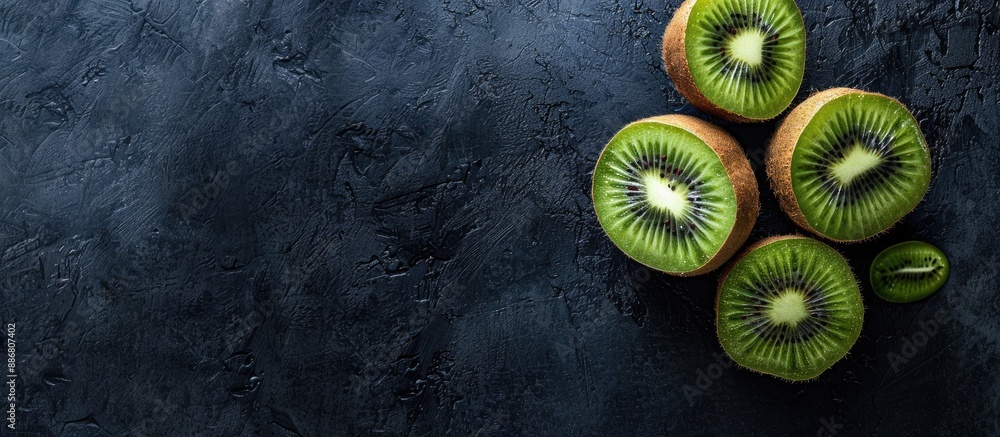 Poster kiwi fruits displayed on the black kitchen table from a top view with a copy space image.