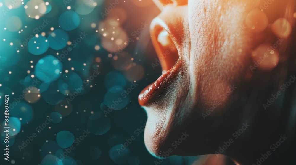 Poster a close-up shot of a person's mouth as they sing passionately with colorful bokeh lights in the back