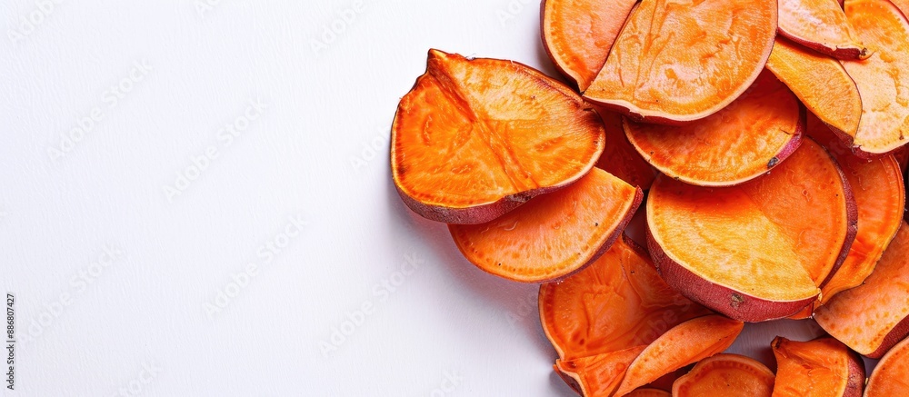 Poster Sweet potato slices arranged on a white backdrop with space for text or graphics, creating a clean and professional copy space image.