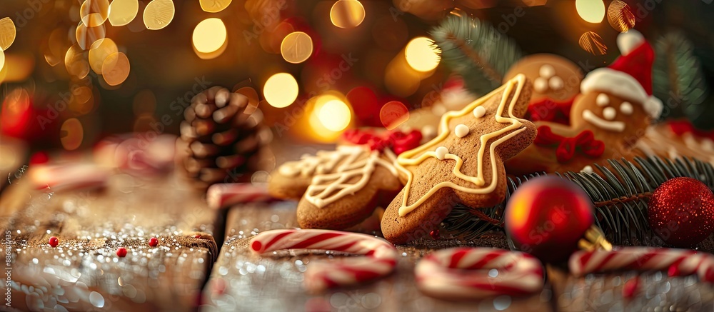 Sticker Christmas gingerbread cookies with decorations like fir tree, pine cone, and candy cane on a wooden table, set against a festive bokeh background for a banner with copy space image.