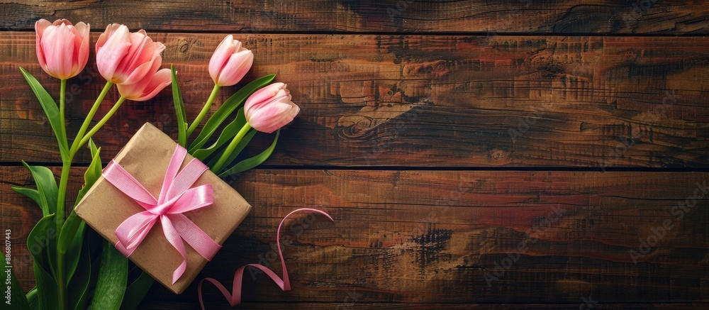 Poster top-down view of a grungy wooden background featuring pink tulips and a gift box tied with a pink ri