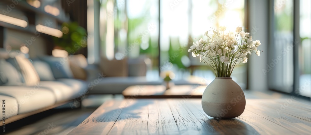 Poster blurry living room background with a table top and copy space image.