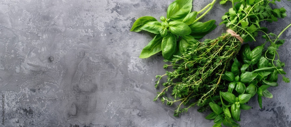 Poster on a gray table, there is a bunch of fresh herbs with a banner providing copy space image.
