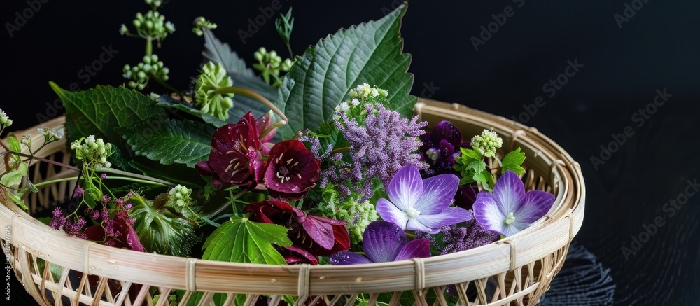 Poster perilla flowers displayed on a bamboo colander, perfect as a sashimi garnish in a copy space image.