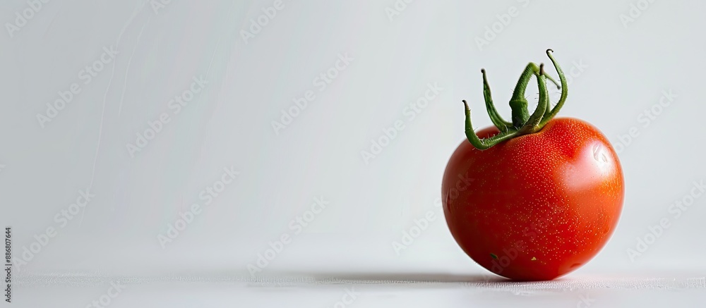 Poster Close-up view of a single red tomato on a white background with selective focus and copy space image available.