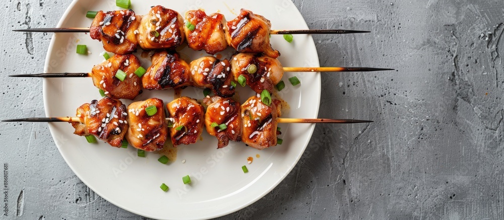 Poster yakitori-style grilled chicken skewers featuring gizzards on a white plate with a copy space image.