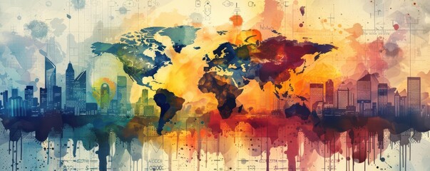 Abstract watercolor painting of a world map with cityscapes.