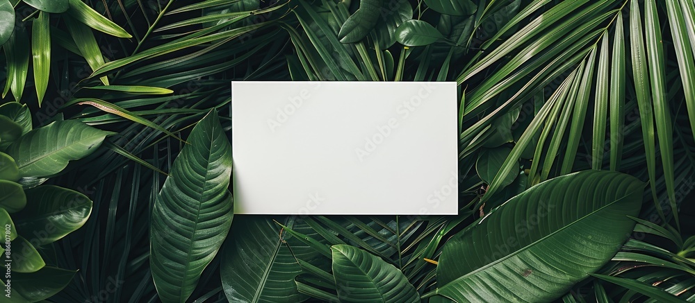 Poster top-down view of a blank card placed on palm leaves for a design mock-up with copy space image.