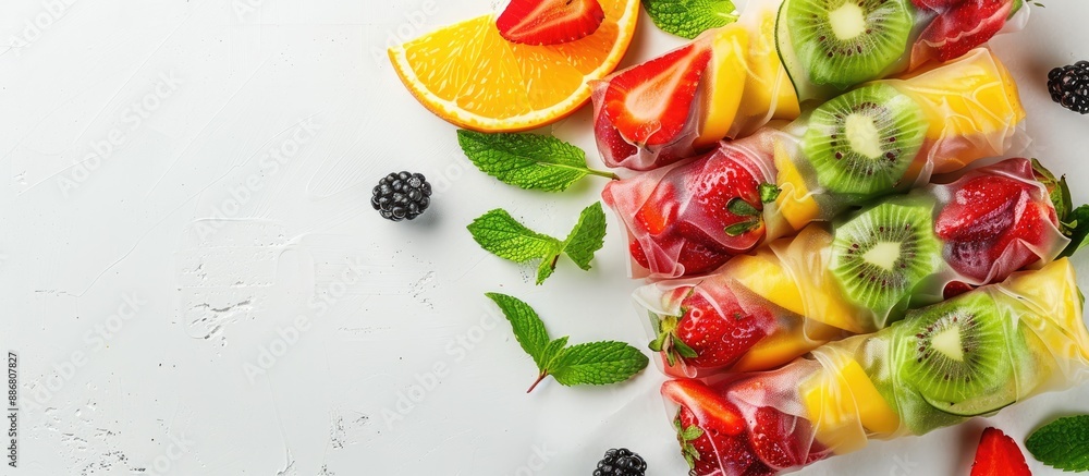 Poster Fruit spring rolls displayed on a white backdrop with copy space image available.