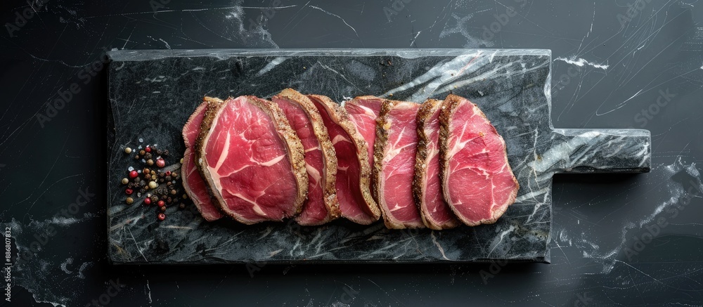 Aufkleber A top view of a raw round roast beef sliced on a marble board with a black background, creating a dramatic copy space image.