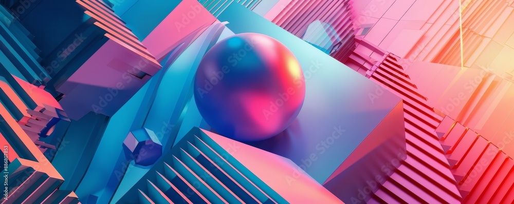 Poster abstract 3d rendering of futuristic geometric shapes in vibrant colors with a metallic sphere, creat