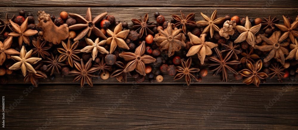 Aufkleber A rustic wooden backdrop hosts an arrangement of star anise and cinnamon sticks, creating an inviting composition with copy space image.