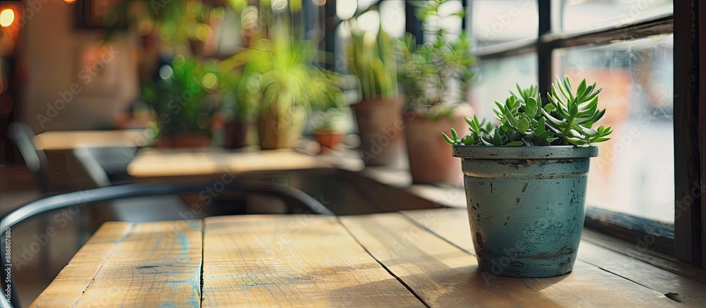 Poster A petite plant pot sits near the window in a cozy cafe, with empty space for display--a copy space image.