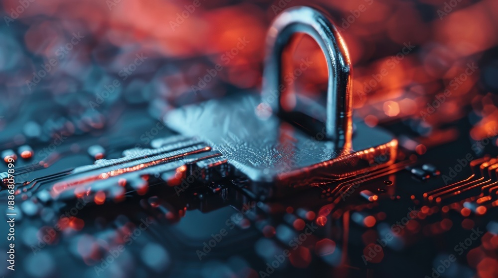 Poster this image shows a padlock on a detailed electronics circuit board, representing cyber security, dat