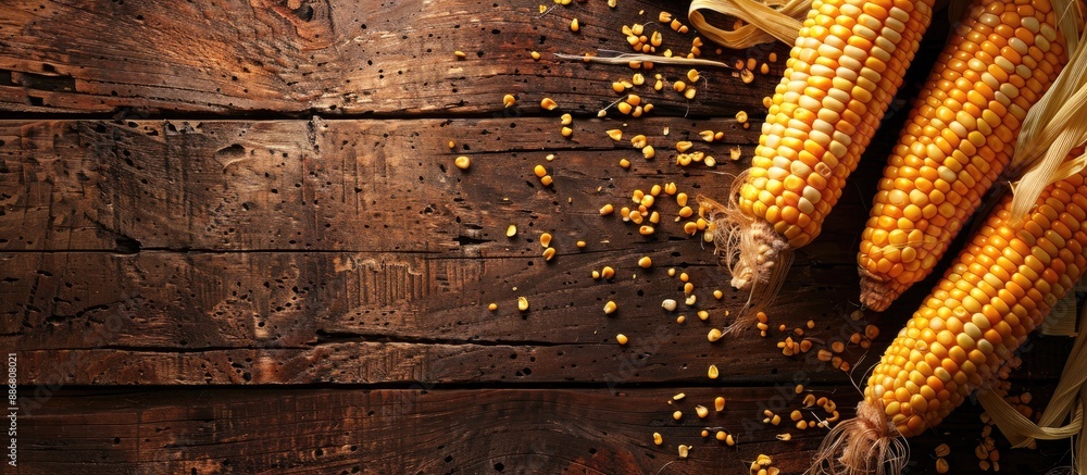 Fototapete Fresh uncooked maize cobs display on a dark wooden table, with a focus on the grains of ripe corn, creating a top view background shot with ample copy space image.
