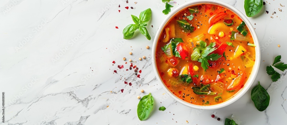 Poster a vibrant spring vegetable soup displayed on white marble with copy space, seen from above.