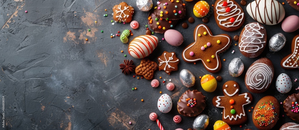 Poster top-down view of a festive easter greeting card with a variety of colorful gingerbread cookies, choc
