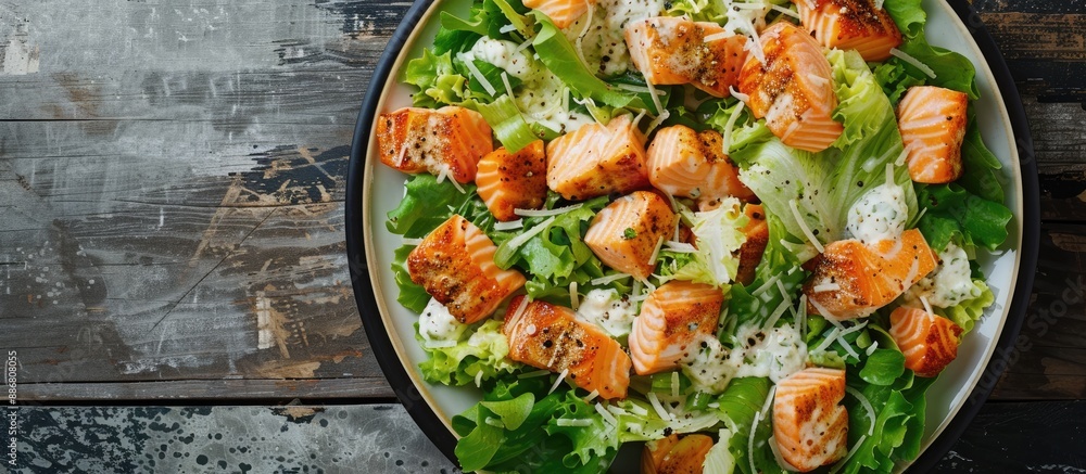 Poster overhead view of a caesar salad topped with salmon on a fish-themed menu, emphasizing seafood, parti