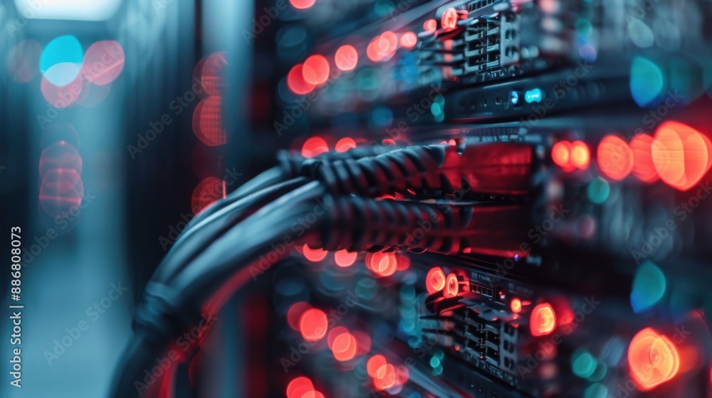 Poster a high-tech server room is depicted with network cables and glowing colorful lights, representing th