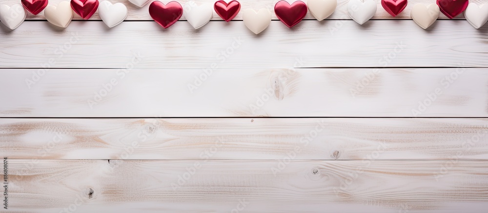 Aufkleber A white wooden backdrop adorned with Valentine's heart shapes providing ample copy space for customization.